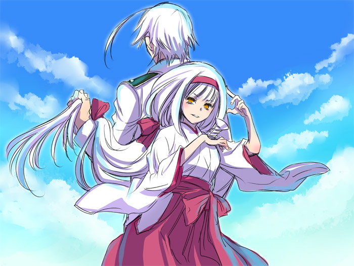 1boy, 1girl, ahoge, ajimu_najimi, back-to-back, finger_to_head, hair_ribbon, hairband