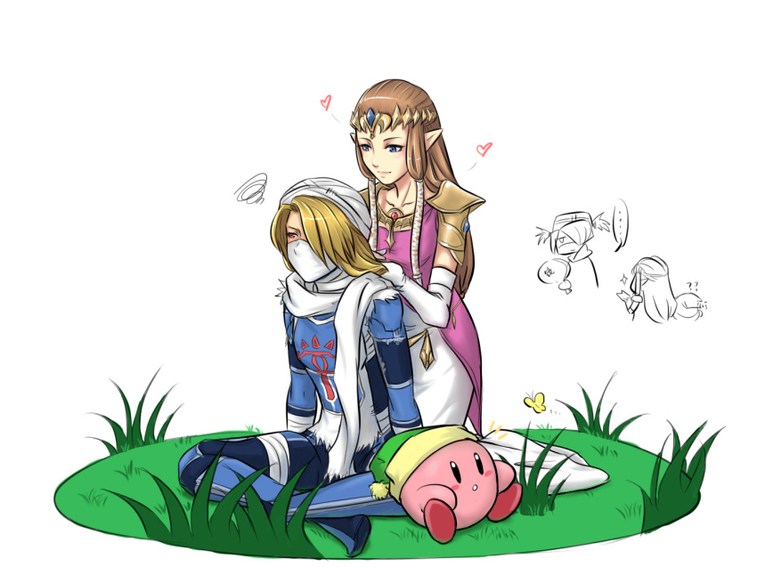 ?, blonde_hair, blue_eyes, brown_hair, eudy, gloves, hat, kirby, kirby_(series), long_hair, nintendo, ocarina_of_time, pointy_ears, princess_zelda, red_eyes, sheik, smile, super_smash_bros., the_legend_of_zelda, tiara, time_paradox, twilight_princess