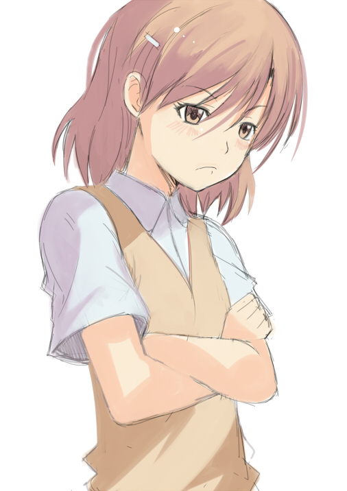 brown_eyes, brown_hair, crossed_arms, frown, hair_ornament, hairclip, misaka_mikoto, school_uniform