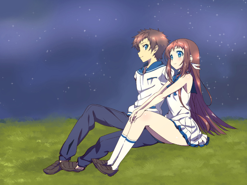 1boy, 1girl, blue_eyes, brown_hair, couple, highres, long_hair, metk