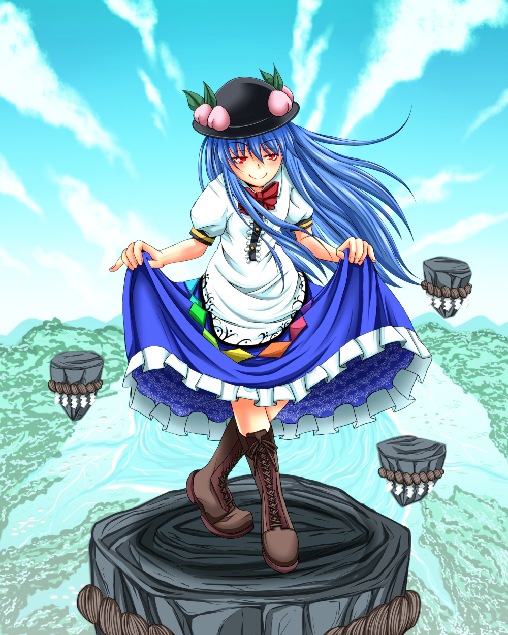 1girl, blue_hair, boots, bow, cross-laced_footwear, crossed_legs_(standing), curtsey, food, fruit, hair, hat, highres, hinanawi_tenshi, lace-up_boots, long_hair, long_skirt, peach, pinky_out, red_eyes, shiba_meiji, skirt, skirt_hold, skirt_lift, sky, smile, solo, touhou