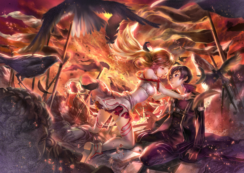 1boy, 1girl, asuna_(sao), bird, black_eyes, black_hair, brown_eyes, brown_hair, couple, eye_contact, fingerless_gloves, gloves, highres, kirito, long_hair, looking_at_another, short_hair, stagain, statue, sword_art_online, thigh-highs, yuuki_asuna