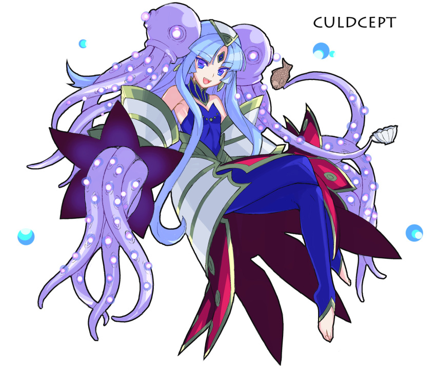 1girl, barefoot, blue_eyes, blue_hair, blue_legwear, cephalopod_eyes, crossed_legs, culdcept, detached_sleeves, endaness, flat_chest, forehead_jewel, highres, kimuchi, long_hair, monster_girl, sharp_teeth, showgirl_skirt, sitting, solo, tentacle_hair, tentacles, toeless_socks, triangular_headpiece