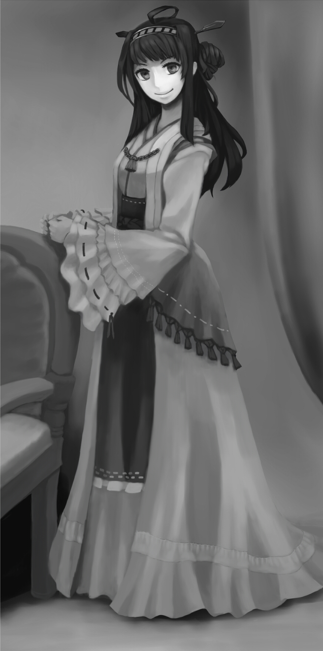 1girl, adapted_costume, blush, breasts, chair, detached_sleeves, double_bun, finderia, frills, hair_ornament, hairband, headgear, highres, japanese_clothes, kantai_collection, kongou_(kantai_collection), lips, long_hair, long_skirt, monochrome, personification, photo, skirt, smile, solo