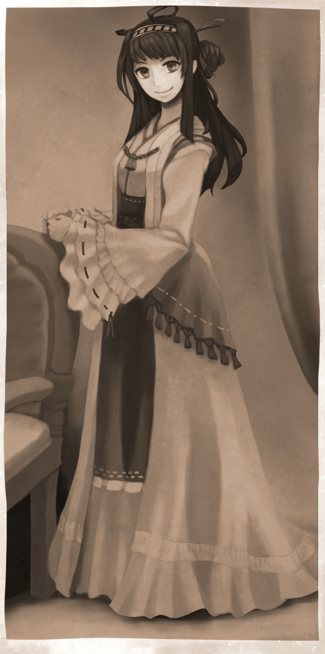 1girl, adapted_costume, blush, breasts, chair, detached_sleeves, double_bun, finderia