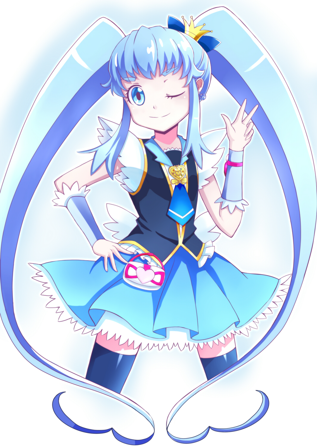 1girl, blue_eyes, blue_hair, blue_skirt, crown, hand_on_hip, happinesscharge_precure!, highres, kiiro_usagi, long_hair, magical_girl, precure, shirayuki_hime, skirt, smile, solo, thigh-highs, twintails, v, wink