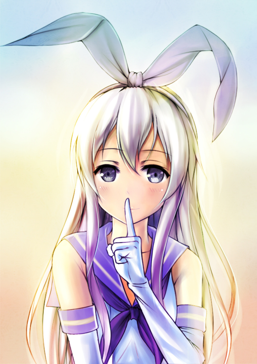 1girl, blue_eyes, blush, elbow_gloves, finger_to_mouth, flat_chest, gloves, hairband, highres, kantai_collection, long_hair, long_sempei, looking_at_viewer, shimakaze_(kantai_collection), shushing, silver_hair, solo, white_gloves