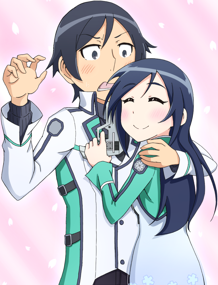 1boy, 1girl, aragaki_ayase, cosplay, gun, hayami_saori, hug, kousaka_kyousuke