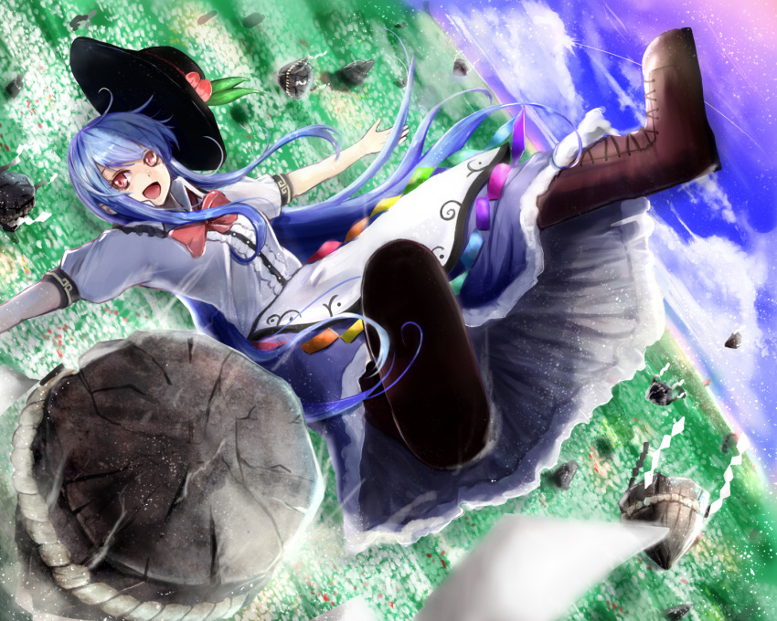 1girl, arms_at_sides, bangs, blue_hair, boots, clouds, cloudy_sky, falling