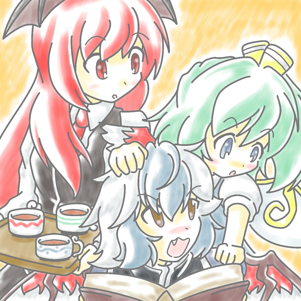 3girls, :o, bat_wings, blue_dress, blue_eyes, blue_hair, blush, book