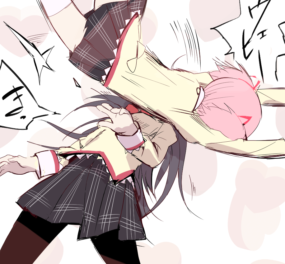 2girls, akemi_homura, black_hair, body_slam, hair_ribbon, kaname_madoka, long_hair, mahou_shoujo_madoka_magica