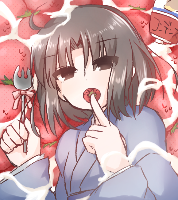 1girl, black_hair, eating, food, fruit, japanese_clothes, kara_no_kyoukai, kimono