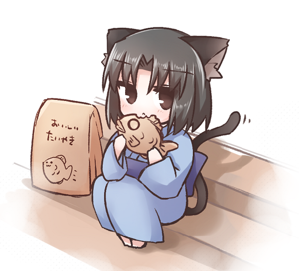 1girl, animal_ears, black_hair, blush, chibi, eating, japanese_clothes, kara_no_kyoukai