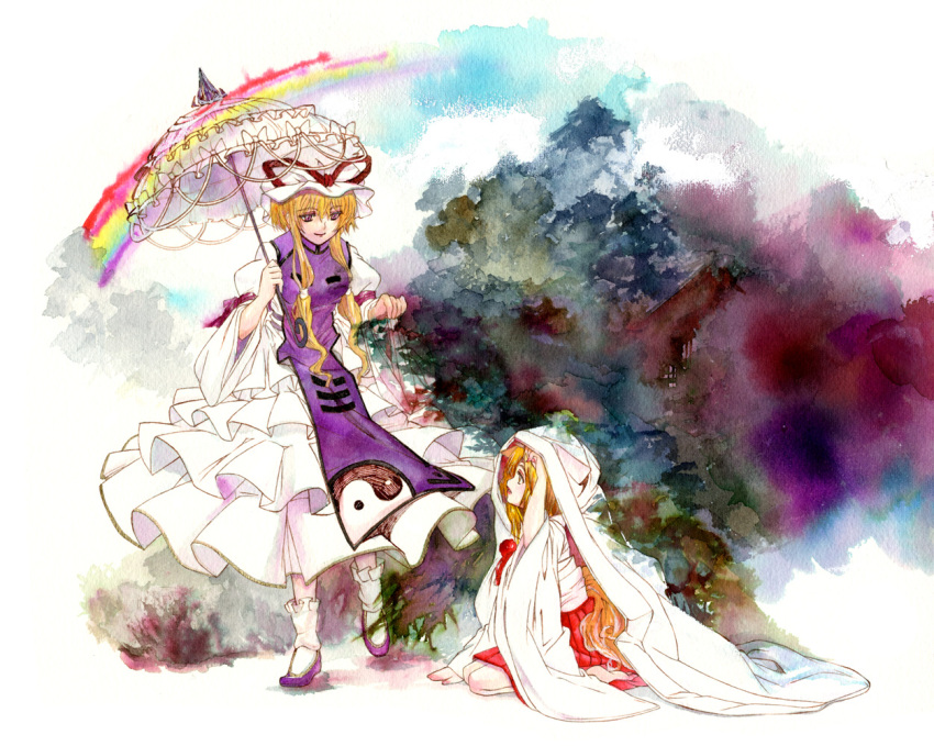 kneeling, koyomiuta, nib_pen_(medium), parasol, rainbow, touhou, traditional_media, umbrella