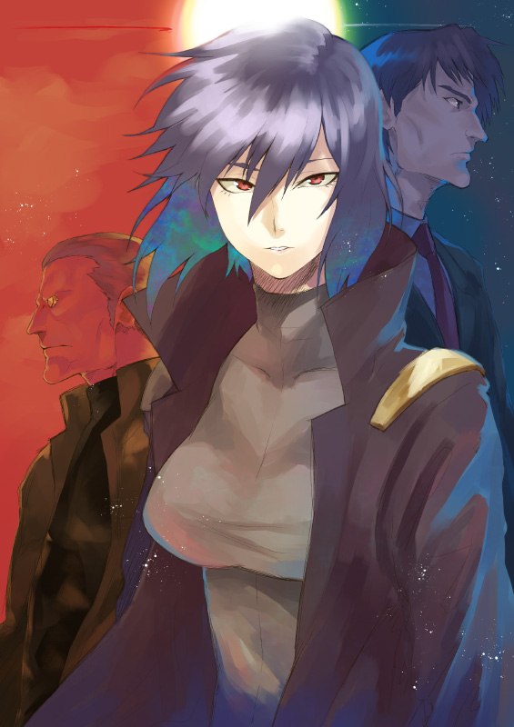 1girl, 2boys, batou, ghost_in_the_shell, kusanagi_motoko, multiple_boys, purple_hair, red_eyes