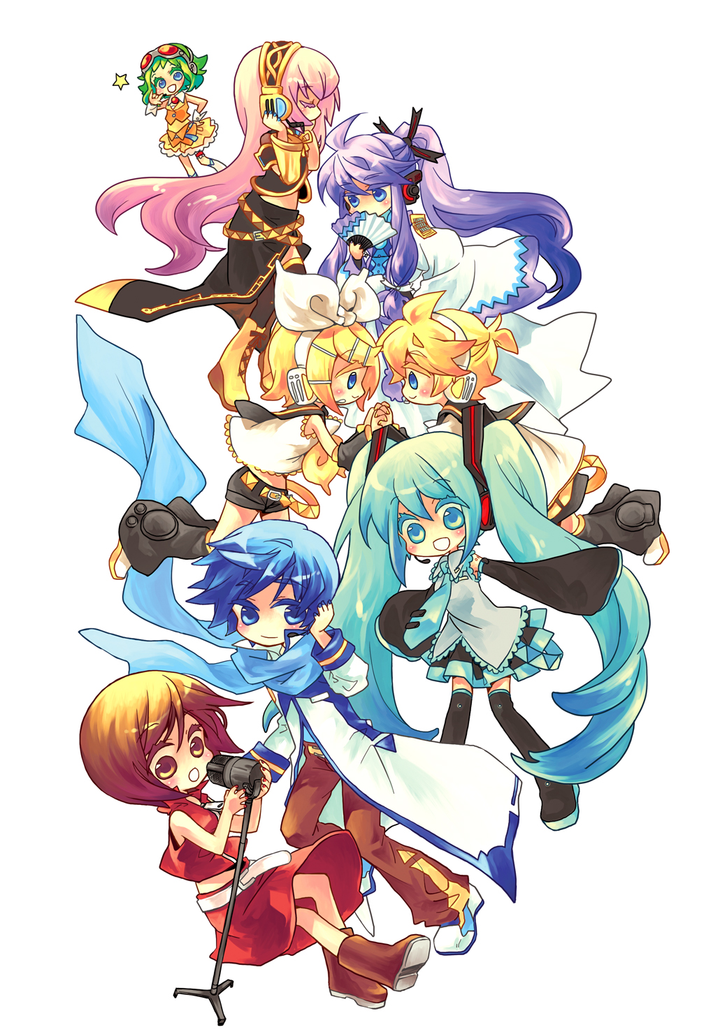 3boys, 5girls, aqua_hair, blonde_hair, blue_eyes, blue_hair, boots, brown_eyes