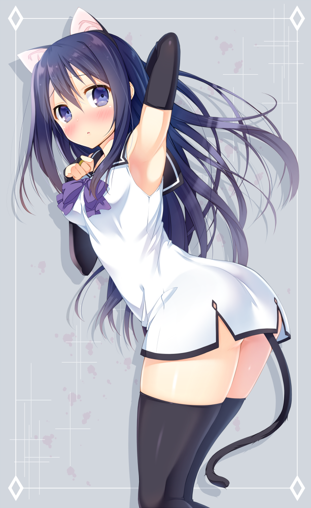 1girl, animal_ears, arm_up, armpits, ass, black_gloves, black_legwear, blue_eyes