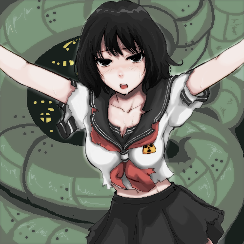 1girl, bare_arms, black_eyes, black_hair, black_skirt, coppelion, drooling, lowres