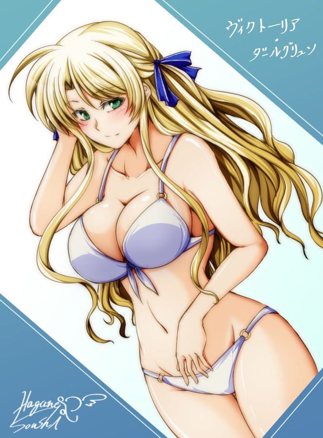1girl, bare_shoulders, blonde_hair, blush, breasts, front-tie_top, green_eyes, hagane_soushi