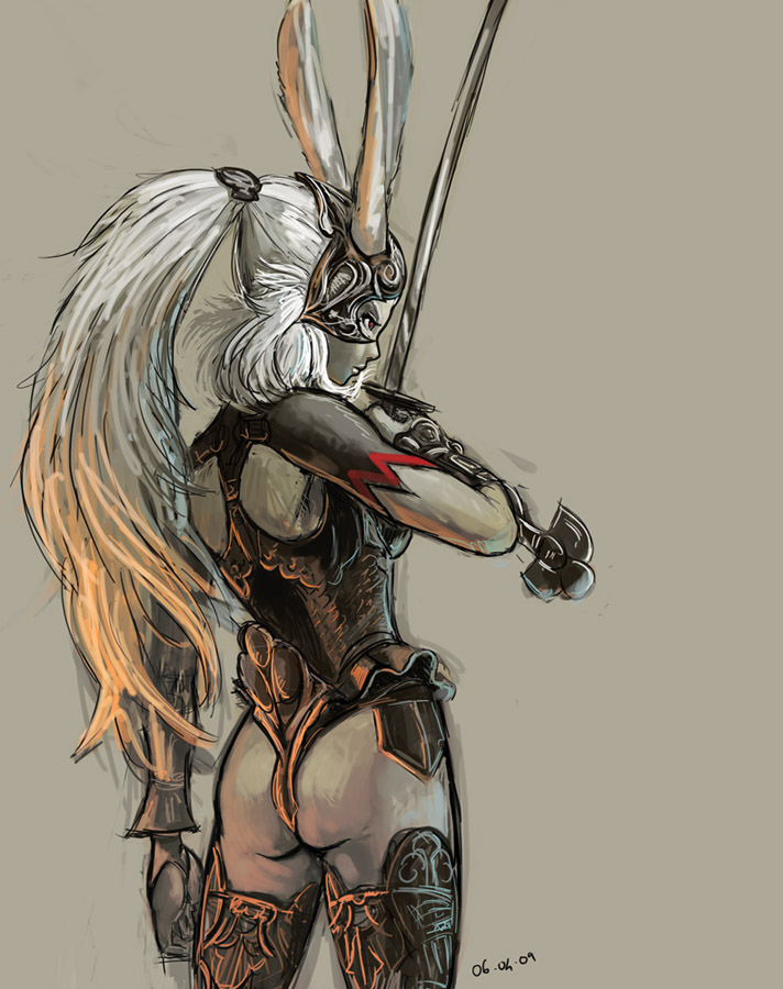 armor, ass, bunny_ears, bunnygirl, ff12, ffxii, final_fantasy, final_fantasy_xii, fran, g-string, game, gloves, helmet, lips, long_hair, nekkeau, pony_tail, ponytail, red_eyes, solo, sword, thigh_highs, thong, usagimimi, viera, weapon, white_hair