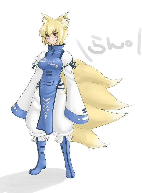 animal_ears, blonde_hair, fox_ears, fox_tail, multiple_tails, oujyu, short_hair, tail