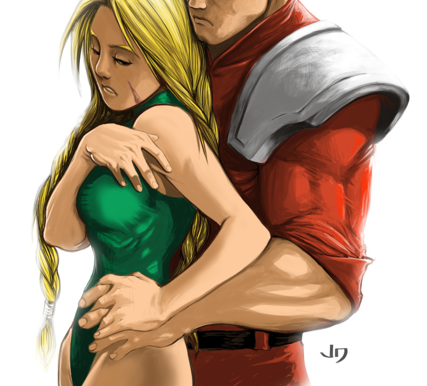 1boy, 1girl, blonde_hair, braid, breasts, cammy_white, commentary, couple