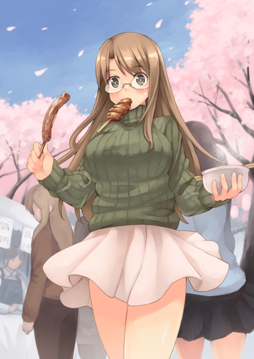 1girl, blush, breasts, brown_eyes, brown_hair, cherry_blossoms, food, glasses