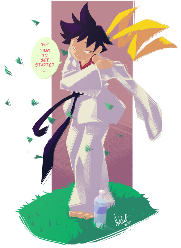 1girl, barefoot, black_hair, bottle, commentary, dougi, dressing, makoto, nick_swift, scarf, short_hair, sigh, sleepy, solo, street_fighter, water_bottle