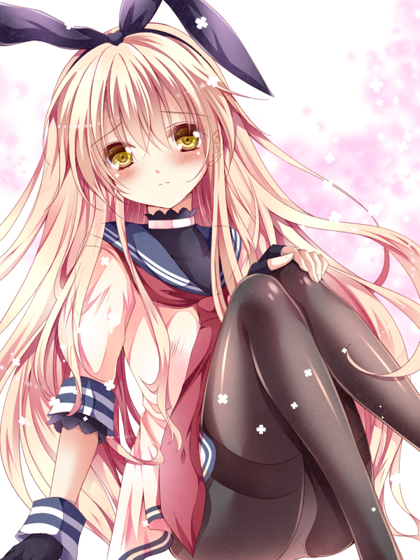 1girl, black_legwear, blonde_hair, blush, cosplay, gloves, hairband, kantai_collection, long_hair, murakumo_(kantai_collection), murakumo_(kantai_collection)_(cosplay), nogi_takayoshi, panties, panties_under_pantyhose, pantyhose, personification, school_uniform, serafuku, shimakaze_(kantai_collection), solo, underwear