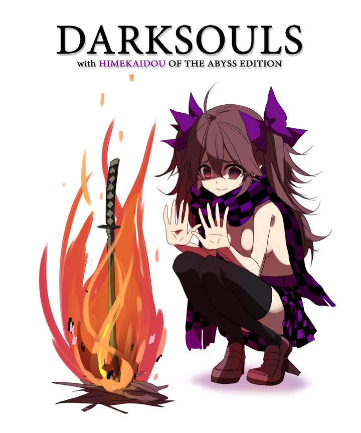 1girl, black_legwear, blue_eyes, bonfire, bottomless, bow, brown_hair, dark_souls