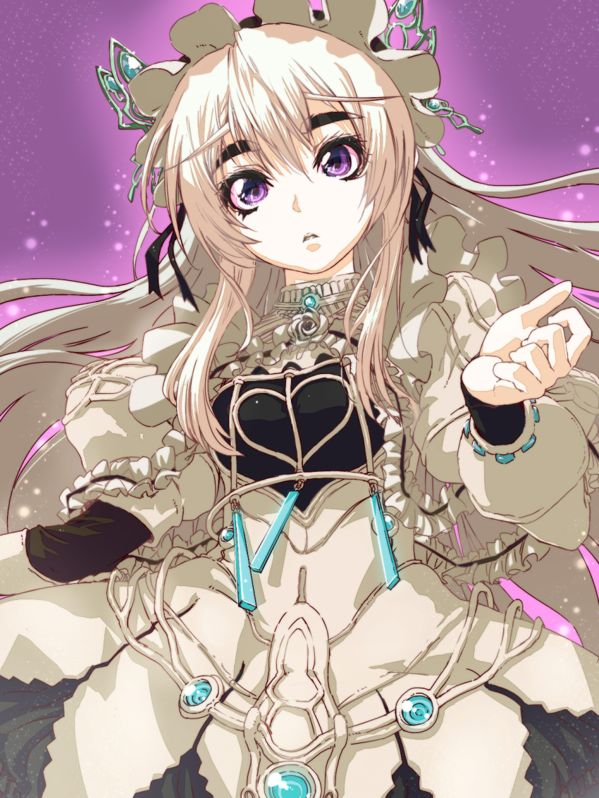 1girl, chaika_trabant, dress, eyebrows, frills, hair_ornament, hairband, highres, hitsugi_no_chaika, lolita_hairband, long_hair, long_sleeves, moyamu, parted_lips, payot, purple_background, solo, violet_eyes, white_hair