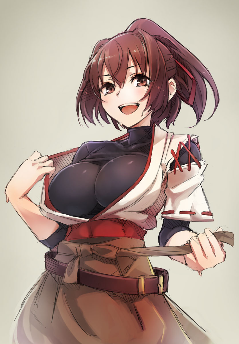 1girl, breasts, brown_eyes, brown_hair, hair_ribbon, highres, ise_(kantai_collection), japanese_clothes