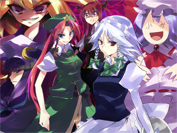 flandre_scarlet, hong_meiling, izayoi_sakuya, koakuma, patchouli_knowledge, red_eyes, red_hair, remilia_scarlet