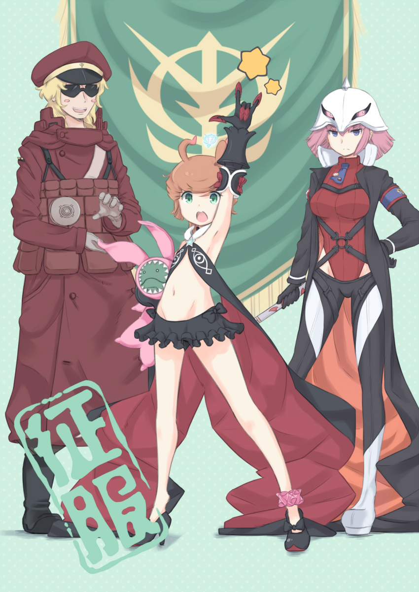 1boy, 2girls, ankle_garter, antenna_hair, armband, armpits, bare_shoulders, blue_eyes