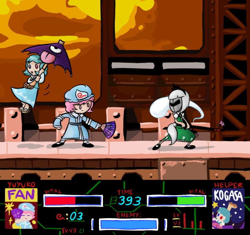 3girls, crossover, fan, heterochromia, karakasa_obake, kirby_(series), kirby_super_star, konpaku_youmu