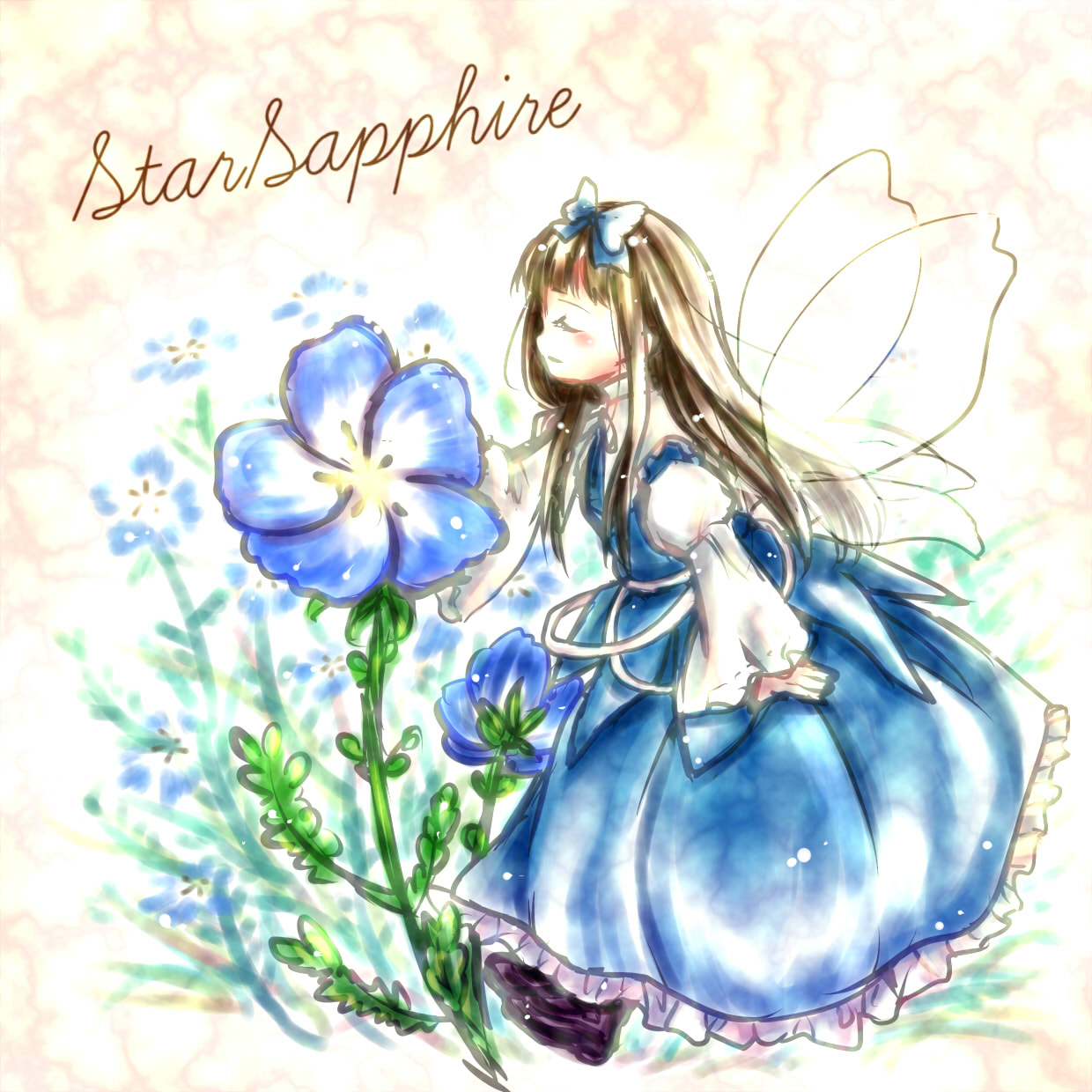 1girl, black_hair, blue_dress, bow, butterfly_wings, character_name, dress, fairy, flower, frilled_dress, frills, hair_bow, highres, hime_cut, long_hair, myo-gateien, star_sapphire, touhou, wings
