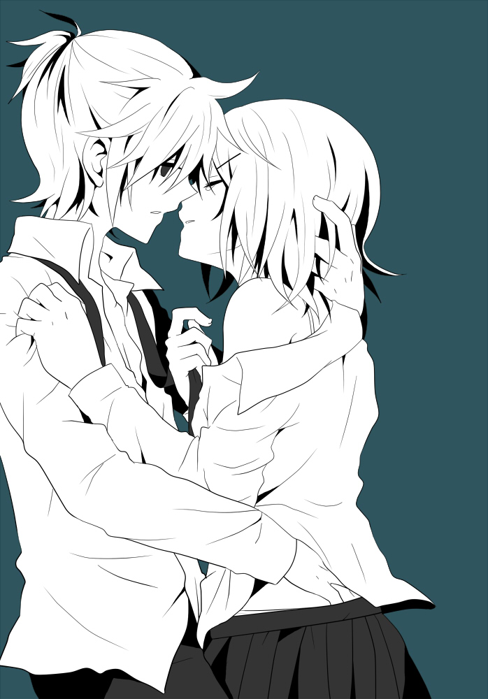 1girl, aqua_background, brother_and_sister, closed_eyes, couple, hair_ornament, hairclip, incest, kagamine_len, kagamine_rin, monochrome, ryou_(fallxalice), ryou_(pixiv247657), short_hair, siblings, skirt, tears, twincest, twins, undressing, vocaloid