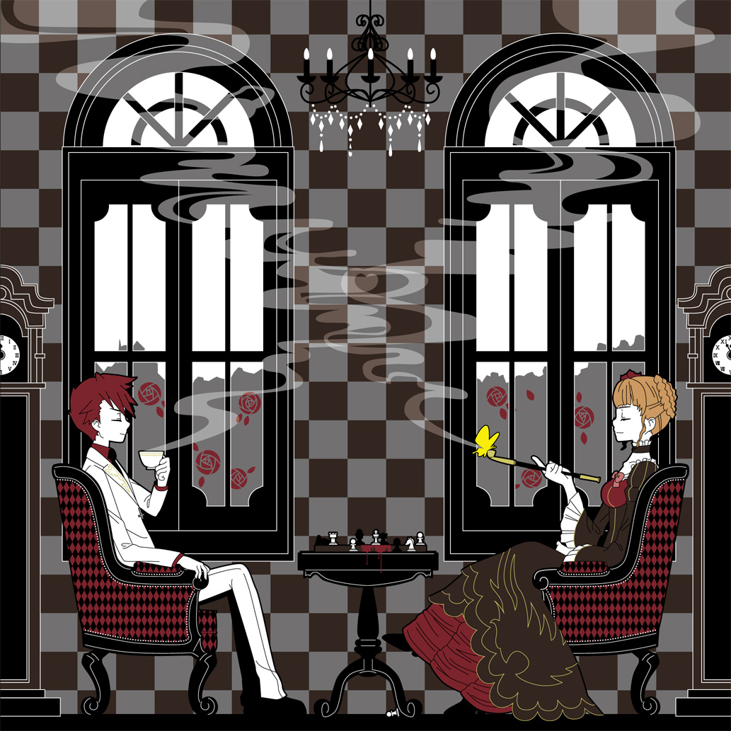 blonde_hair, blood, butterfly, chess, choker, clock, closed_eyes, dress