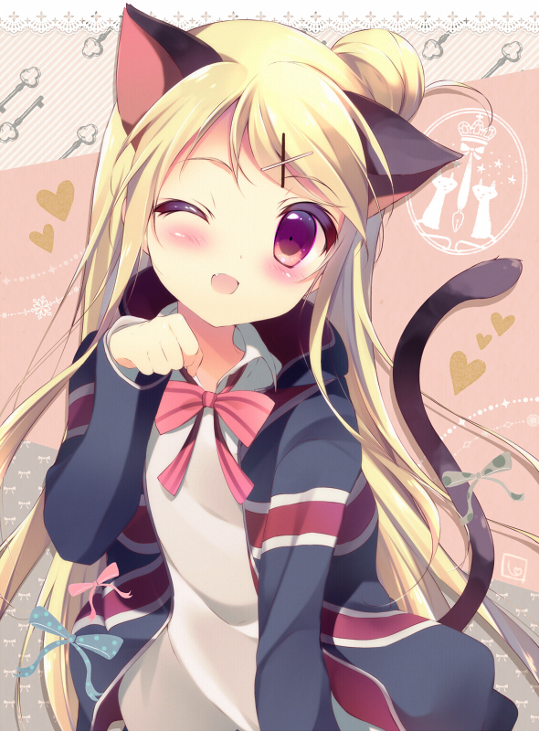 1girl, animal_ears, animal_pose, blonde_hair, blush, cat_ears, cat_tail, fang, hair_ornament, hairclip, kin'iro_mosaic, kujou_karen, long_hair, open_mouth, sarico, school_uniform, smile, solo, tail, union_jack, violet_eyes
