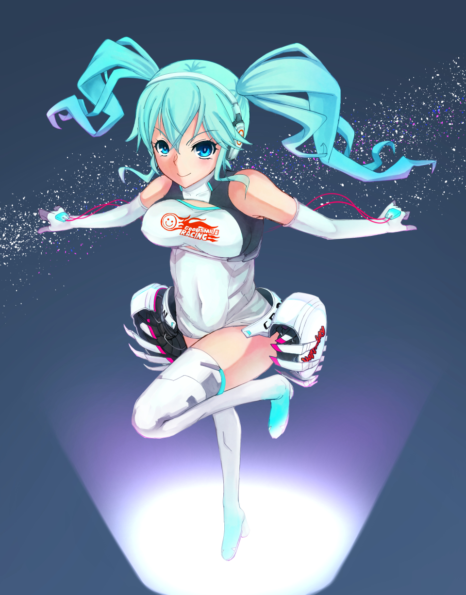 1girl, aqua_eyes, aqua_hair, boots, covered_navel, elbow_gloves, gloves, goodsmile_racing