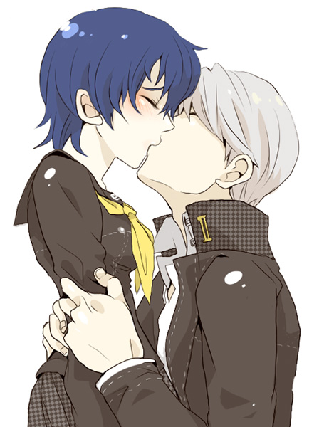 breasts, couple, grey_hair, kiss, narukami_yuu, persona, persona_4, school_uniform