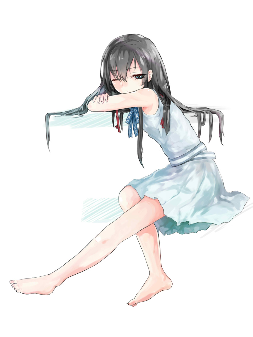1girl, absurdres, bare_legs, barefoot, black_hair, blue_eyes, blue_ribbon, dress