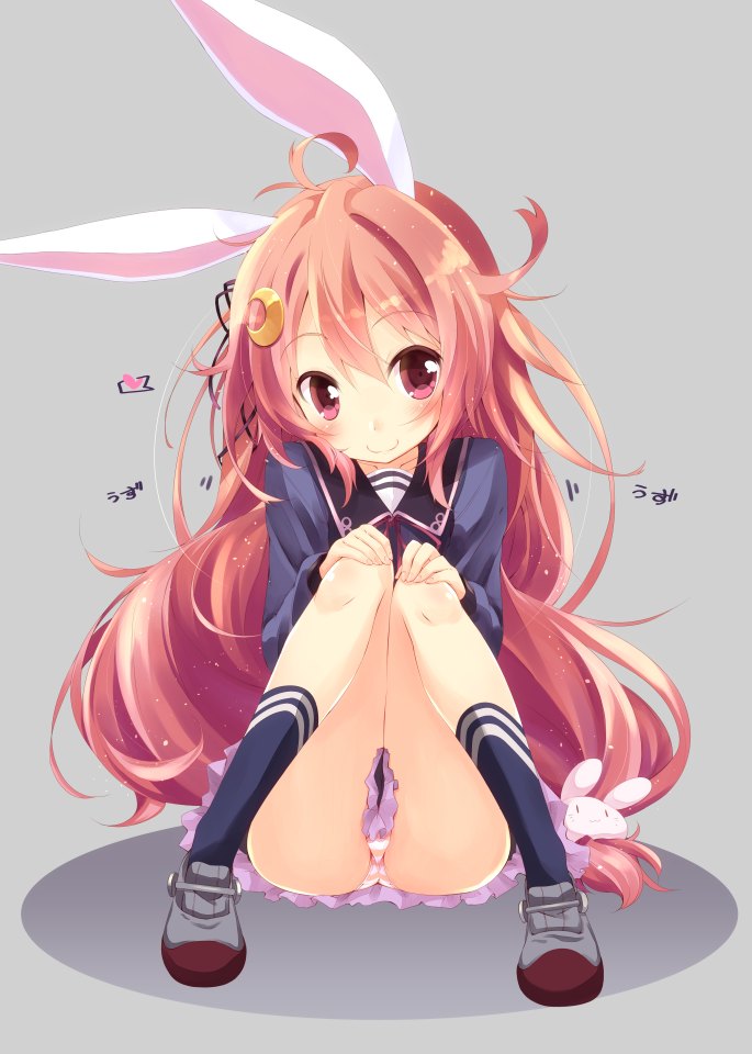1girl, ahoge, animal_ears, blush, bunny_hair_ornament, crescent_hair_ornament, hair_ornament, hair_ribbon