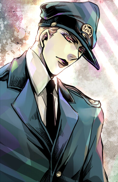 1boy, hat, jojo_no_kimyou_na_bouken, leone_abbachio, lipstick, makeup, police, police_hat
