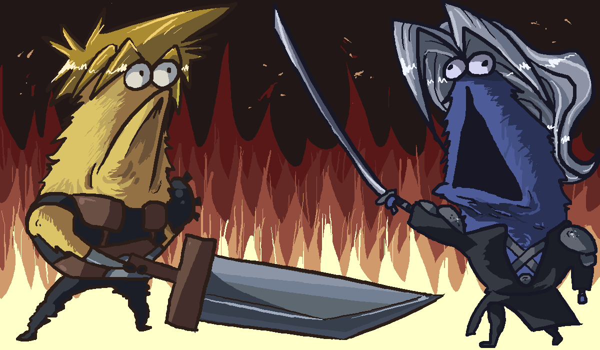 blonde_hair, buster_sword, cloud_strife, clouds, crossover, final_fantasy, final_fantasy_vii, fire