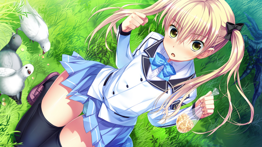 1girl, :o, amakura, anekawa_shii, bad_feet, bird, black_legwear, blonde_hair