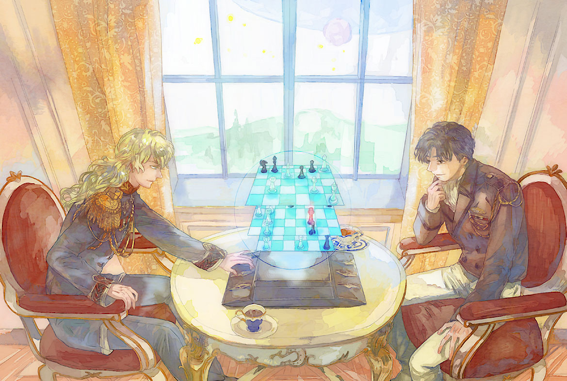 2boys, ascot, blonde_hair, board_game, chess, cup, curtains, epaulettes