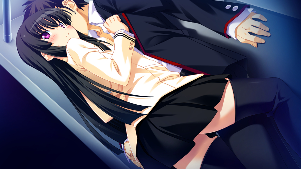 1boy, 1girl, ayanokouji_aoi, between_legs, black_hair, black_legwear, blush, kuuchuu_yousai, long_hair, long_sleeves, makai_tenshi_djibril, makai_tenshi_djibril_4, skirt, thigh-highs, violet_eyes