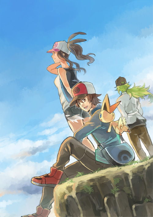 bag, bare_shoulders, baseball_cap, brown_eyes, brown_hair, clouds, denim, denim_shorts