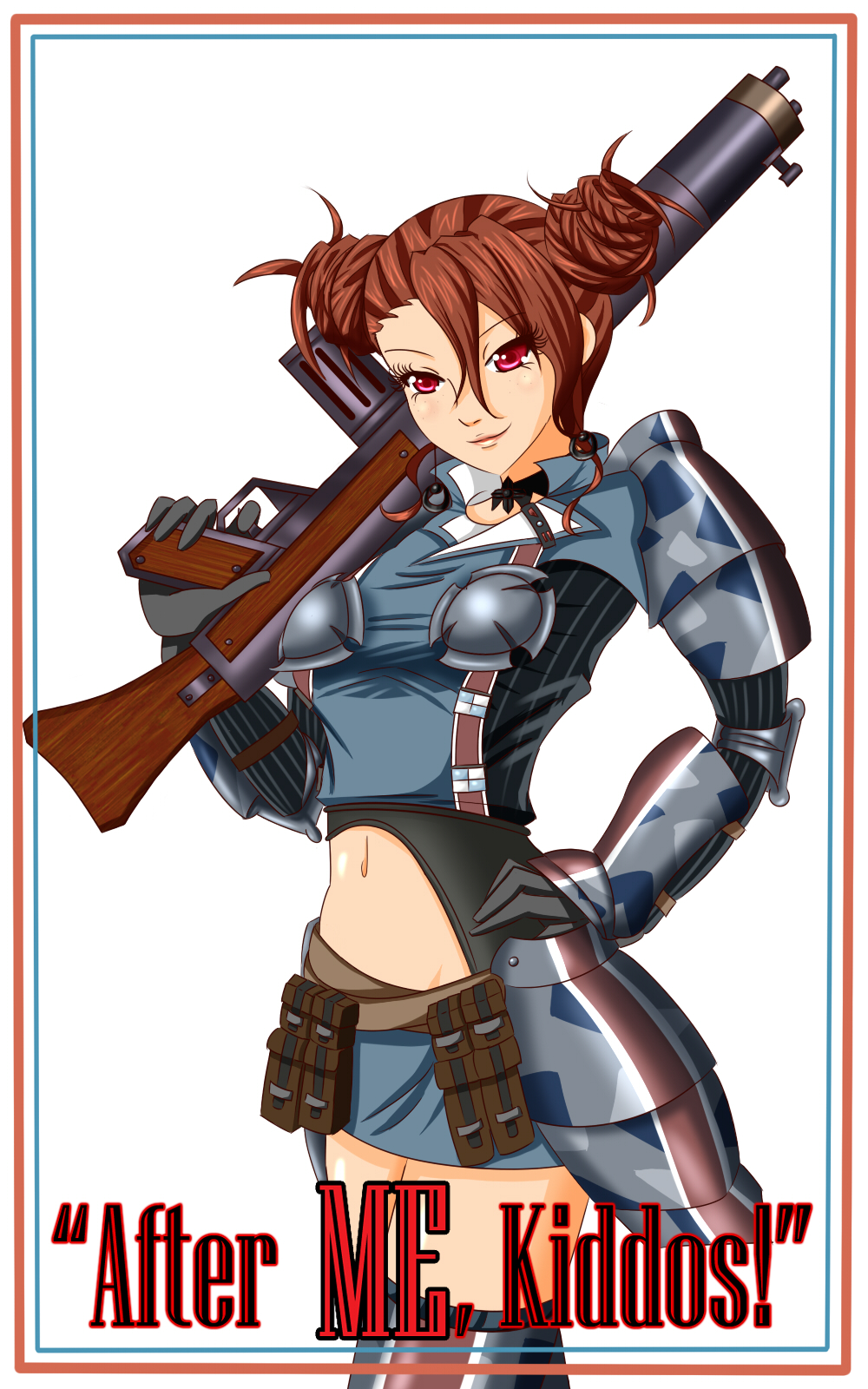 1girl, armor, border, brigitte_stark, brown_hair, double_bun, gloves, gun